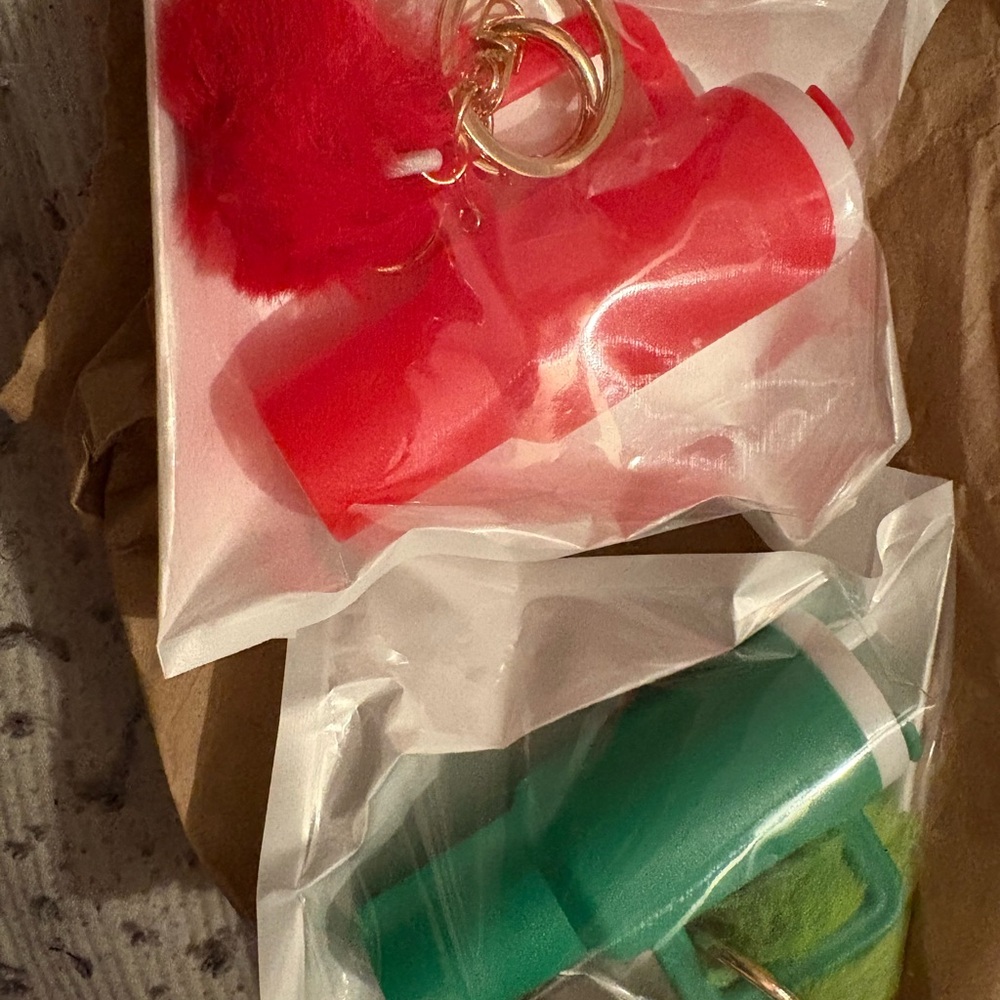 Red and Green water bottle‎ bagcharm keychain set with pom